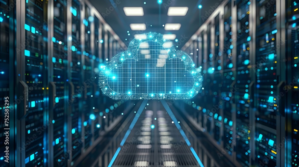 The interior of a large modern server room in a futuristic neon light. Cloud data storage or data center The interior of a large modern server room in a futuristic neon light. Cloud data storage or data center