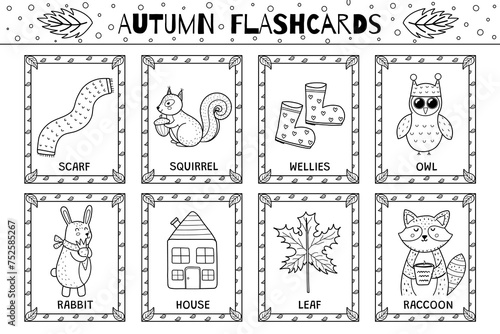 Autumn flashcards black and white collection for kids. Flash cards set with cute characters in outline for coloring. Learning to read activity for children. Vector illustration