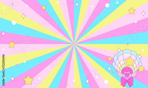Abstract bright background with stars and seashell. Abstract cute background with little stars. Decoration banner themed Lol surprise doll girlish style. Invitation card template