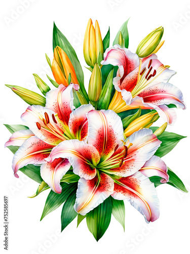 Colorful lily flowers bouquet, watercolor illustration for greeting cards or designs