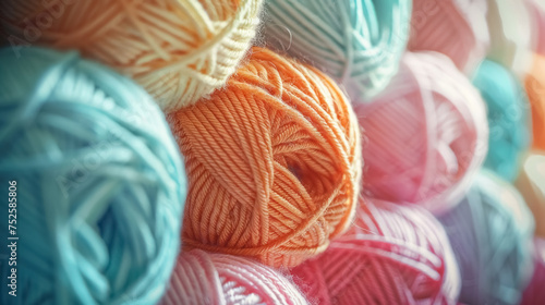 Close up of colorful balls of yarn on the shop window, collection of pastel colors woolen skeins for knitting thread