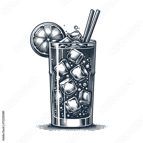 Tall glass full of Ice Cubes. Vintage woodcut engraving style vector illustration.