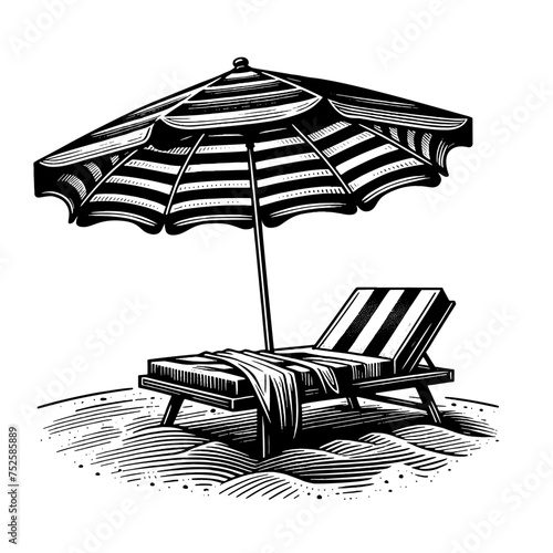 Sunbed and Sun Umbrella. Vintage woodcut engraving style vector illustration.