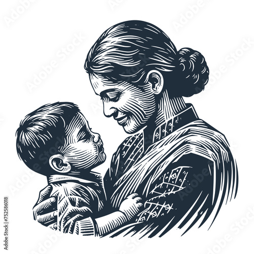 Mother with Child. Vintage woodcut engraving style vector illustration.