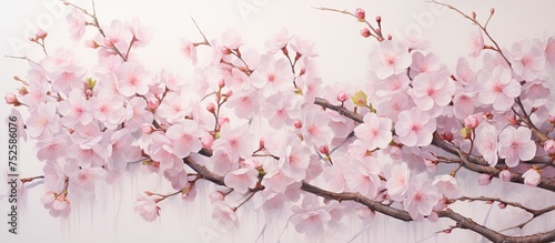 A painting showing vibrant pink Cherry Somei Yoshino flowers in full bloom against a clean white wall. The delicate petals of the flowers stand out beautifully against the pure white background. photo
