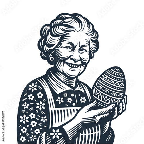 Happy grandma holding a huge decorated Easter Egg. 