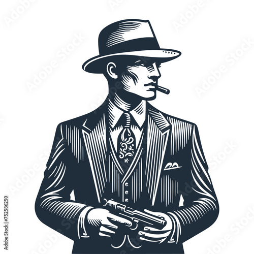 Portrait of a man with a gun and hat. Vintage woodcut engraving style vector illustration.