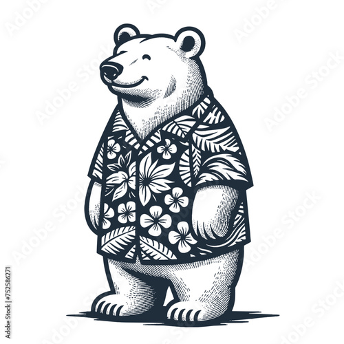 Polar Bear wearing Hawaiian shirt. Vintage woodcut engraving style vector illustration.