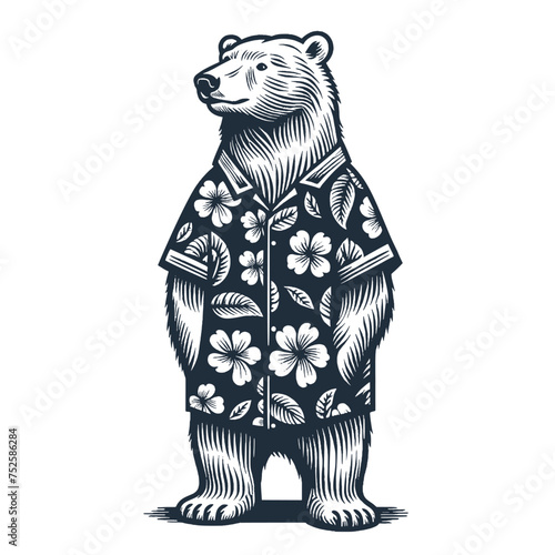 Polar Bear wearing Hawaiian shirt. Vintage woodcut engraving style vector illustration.