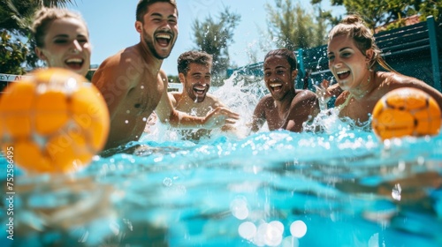 A group of friends splashing water in a swimming pool on a sunny day, with a clear blue sky and a water ball in view. photo