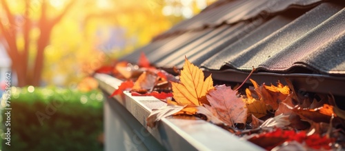 A metal gutter on a red brick residential roof is completely clogged with leaves and debris, potentially causing drainage issues and water damage. The overflowing leaves are a common sight in photo