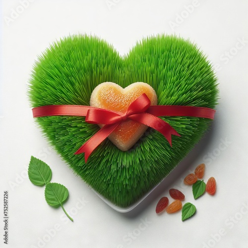 congratulations on Nowruz with a fresh and festive green herb sprout on a plate tied with a red ribbon
