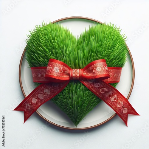 congratulations on Nowruz with a fresh and festive green herb sprout on a plate tied with a red ribbon
