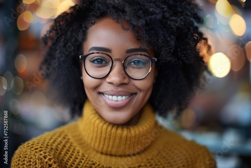A young woman with glasses exudes joy as she smiles warmly at the camera © Konstiantyn Zapylaie