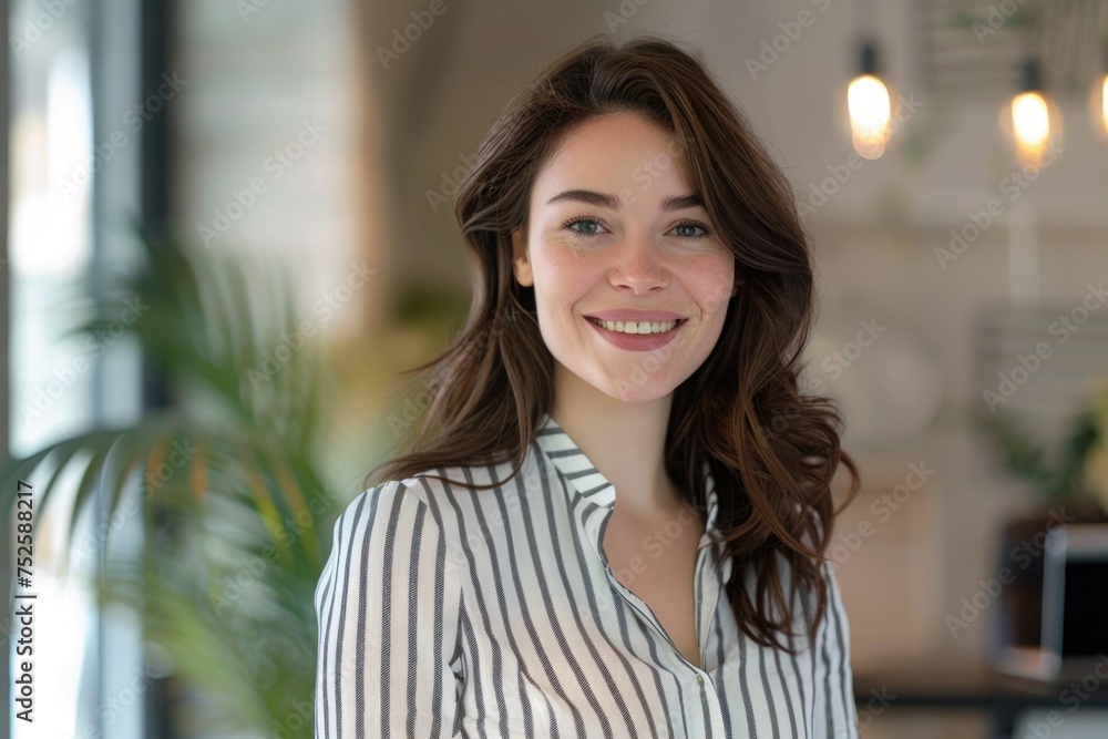 A professional woman smiles warmly at the camera, exuding confidence and positivity in her striped shirt A professional woman smiles warmly at the camera, exuding confidence and positivity in her striped shirt