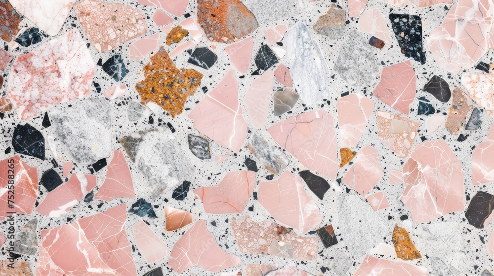 Fototapeta premium Aesthetic terrazzo floor surface marble texture background. Natural stones, granite, grain dots banner