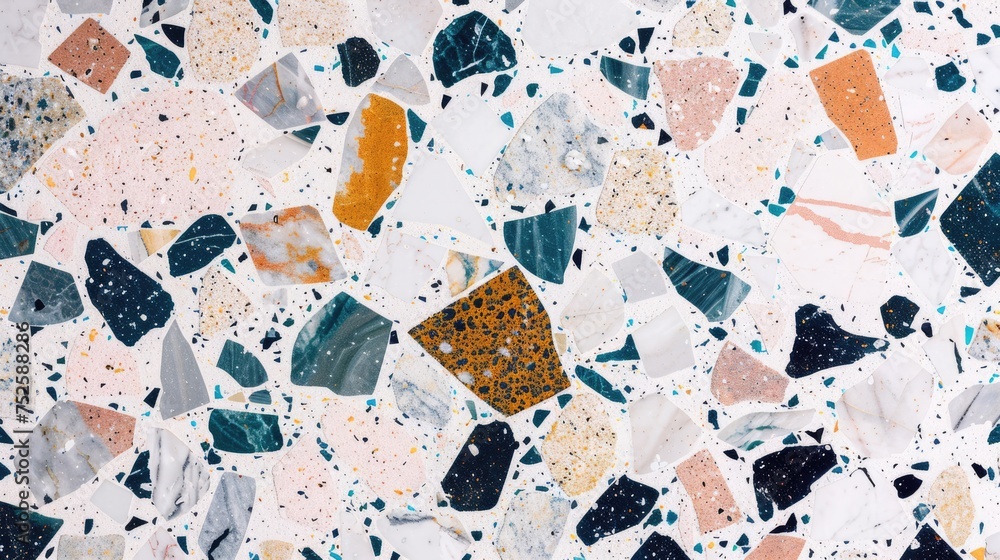 Fototapeta premium Aesthetic terrazzo floor surface marble texture background. Natural stones, granite, grain dots banner