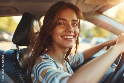 A woman with a big smile is driving a car on a bright, sunny day