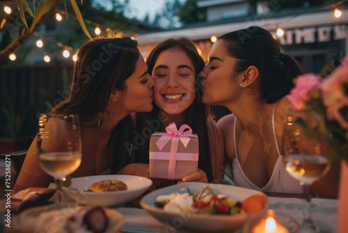 Three women sit at a table  looking excited as they gaze at a gift placed in front of them