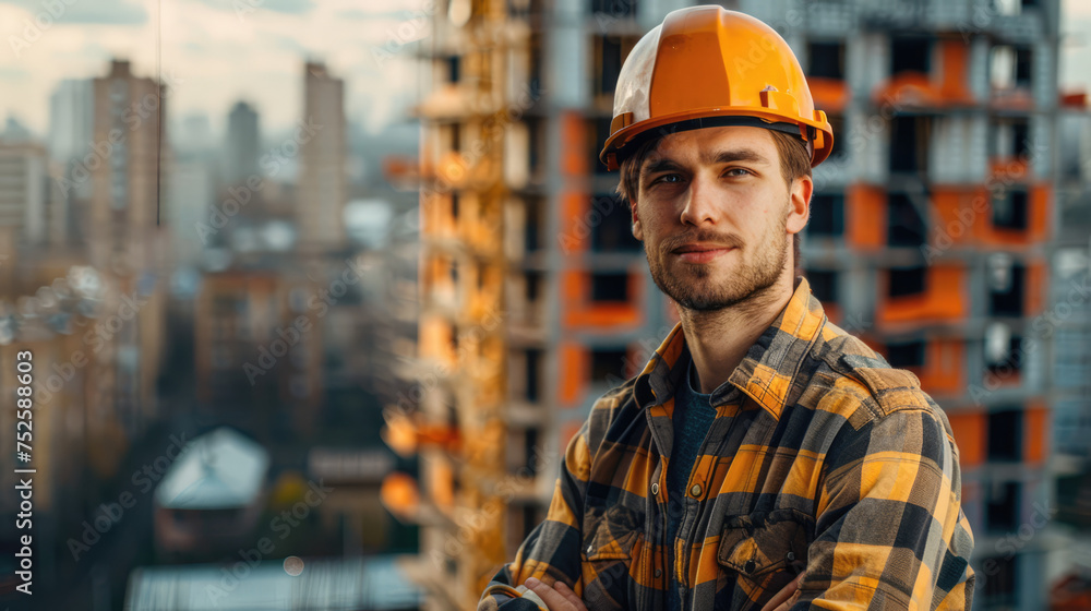 Portrait of a young construction worker man with safety helmet letting see city buildings under construction on white background with copy space Portrait of a young construction worker man with safety helmet letting see city buildings under construction on white background with copy space