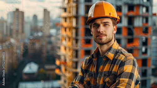 Portrait of a young construction worker man with safety helmet letting see city buildings under construction on white background with copy space