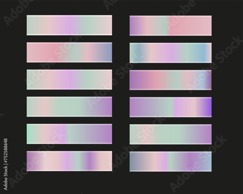 Holographic, silver, bronze and golden foil texture background set. Gold hologram metallic gradient collection. Vector graphic iridescent