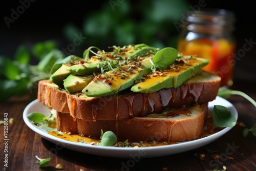 Avocado toast with sprouts, slices of avocado and sauce on wooden background. Avocado Toast. Healthy food concept with copy space. Vegan Food Concept with copy space.
