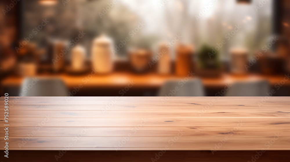 Warmly Lit Kitchen with Empty Wooden Table and Blurred Background Warmly Lit Kitchen with Empty Wooden Table and Blurred Background