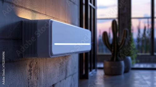 A long and thin white rectangular air conditioning unit in frigid and flimsy style. Air conditioning in industrial design for residence and indoor use. photo