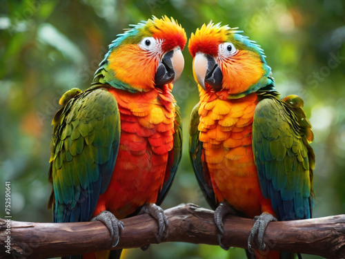 Vibrant and colorful parrots standing together in perfect symmetry on a tree branch © Art