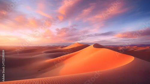 Panorama of sand dunes in the desert at sunset. Sunrise