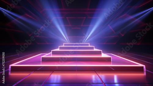 Electrifying stage: mesmerizing scenes LED panels, holographic displays, laser lights, ample copy space, dynamic banners, creating visual symphony for immersive events and cutting-edge presentations.