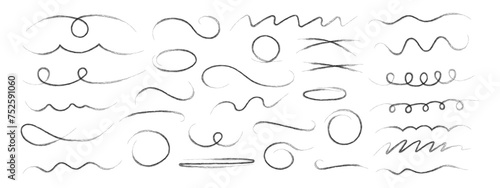 Hand drawn wavy, crossed out lines, circles and ovals. Decorative vector graphic elements. Black brush and pencil strokes. Scribbles with brush strokes.