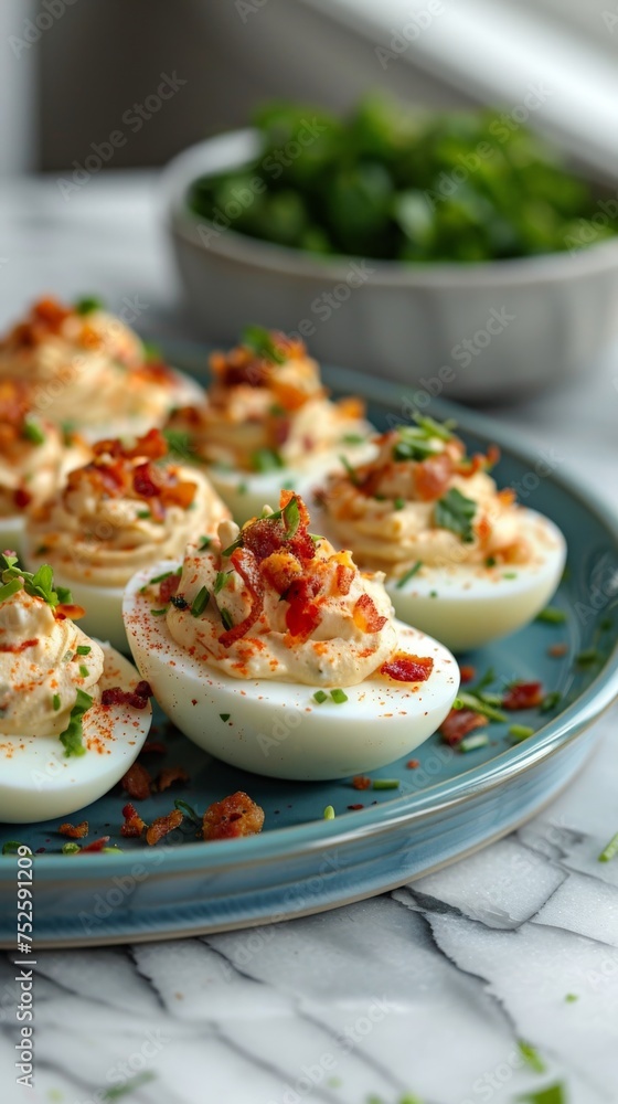 deviled egg topped with bits of bacon, on blue plate and gray marble counter deviled egg topped with bits of bacon, on blue plate and gray marble counter