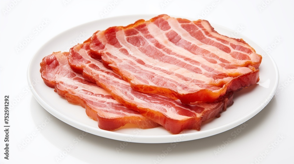 White round plate showcasing thick-cut bacon, extra thick and Applewood smoked, served with Club A steak sauce, against a white backdrop, viewed from above White round plate showcasing thick-cut bacon, extra thick and Applewood smoked, served with Club A steak sauce, against a white backdrop, viewed from above