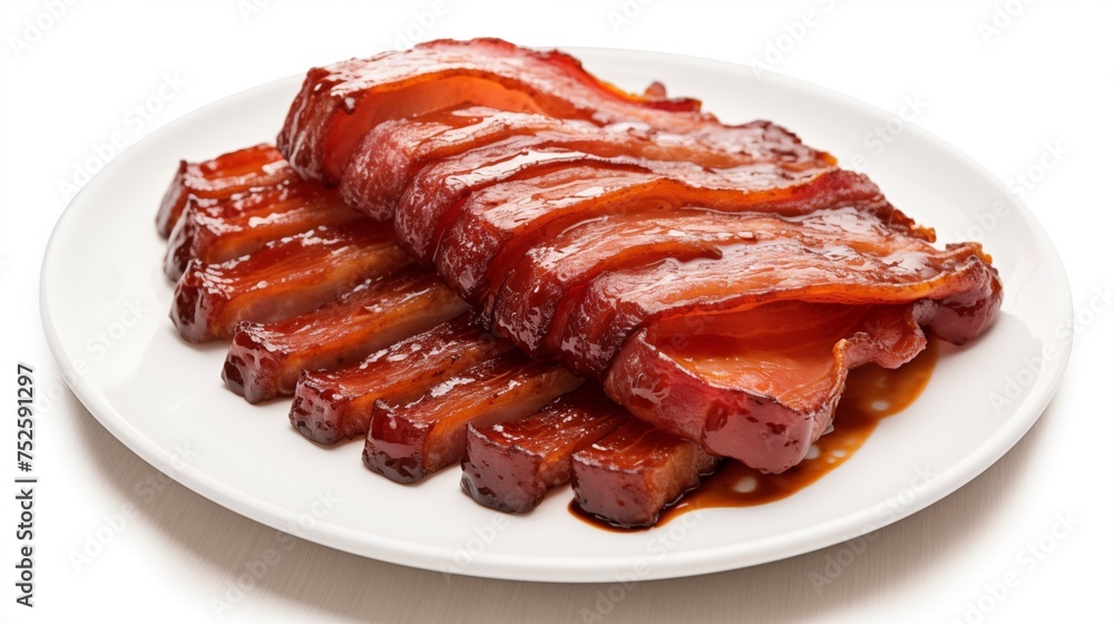 Extra thick-cut bacon with an Applewood smoked flavor, served with Club A steak sauce on a white round plate against a white background in a top-down view