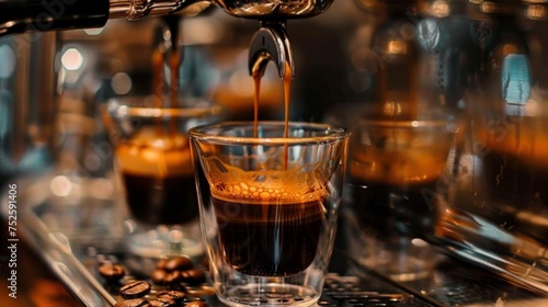 Close-up of a rich, dark espresso shot being extracted from a high-end, modern espresso machine in a cozy cafe setting.