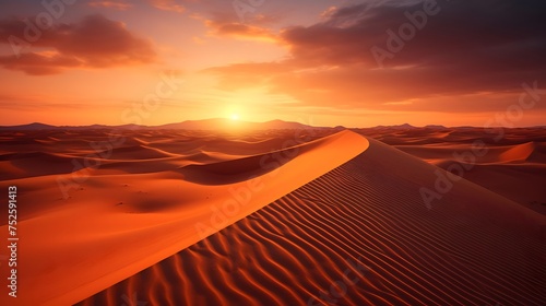 Sunset in the desert with sand dunes. Panorama.