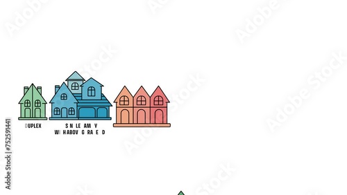 Missing Middle Housing Types Reveal in Line | Including Mixed Use, Duplex, Single Family, ADU, Townhome, and Tiny Home | Loopable 4k photo