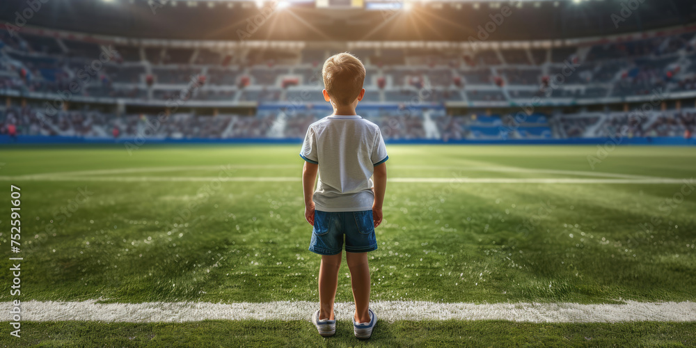 A small child stands in awe at the edge of a lush soccer field, looking out at the grand stadium surrounding them.