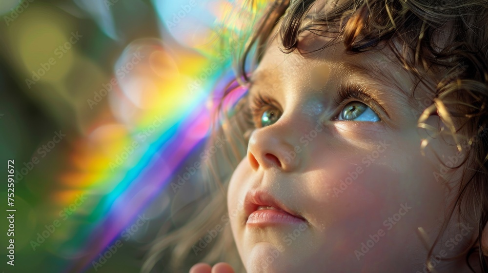 Child's wonder in sunlight, spectrum of colors dancing in their eyes. Innocent gaze through a prism's rainbow, capturing the joy of childhood. Child's wonder in sunlight, spectrum of colors dancing in their eyes. Innocent gaze through a prism's rainbow, capturing the joy of childhood.