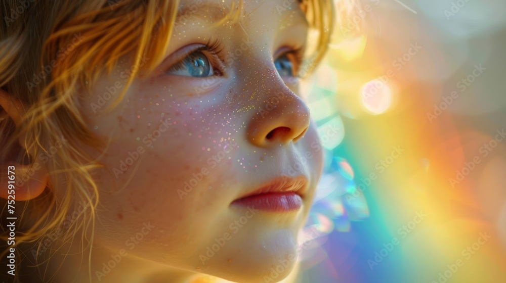 Sparkling freckles on a child's face under a kaleidoscope of light. Dreamy child's profile with a twinkle of vibrant reflections. A moment of childhood enchantment captured in shimmering colors. Sparkling freckles on a child's face under a kaleidoscope of light. Dreamy child's profile with a twinkle of vibrant reflections. A moment of childhood enchantment captured in shimmering colors.