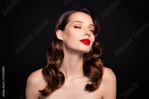 Photo of chic classy lady on beautician salon procedure enjoy flawless smooth skin over dark background
