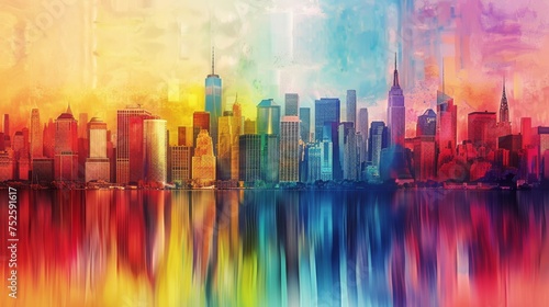 Artistic city skyline in vibrant colors with water reflections. Urban landscape with a spectrum of hues and reflective waters. Aesthetic cityscape painting with dynamic colors and reflections.