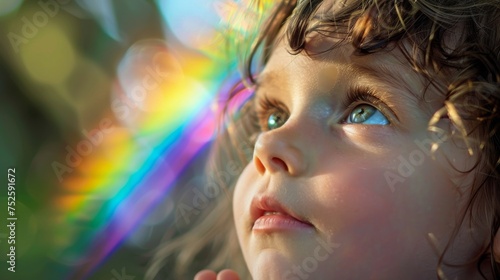 Child's wonder in sunlight, spectrum of colors dancing in their eyes. Innocent gaze through a prism's rainbow, capturing the joy of childhood. 