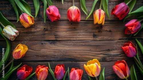 Colorful tulips arranged on rustic wooden backdrop. Vibrant spring tulip flowers displayed on dark wood. Floral arrangement of multi-colored tulips for spring decoration. #752591698