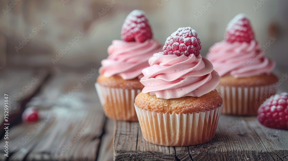 A sumptuous line-up of cupcakes, each graced with a pink swirl of frosting and a juicy raspberry, stay on textured wooden surface. Gourmet cupcakes with a touch of powdered sugar.