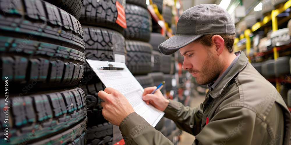 An attentive warehouse worker in a cap takes stock of numerous car tires in an organized tire shop.