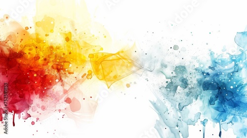 Dynamic watercolor splash in red, yellow, and blue with a vivid blend of colors and droplets creating a vibrant abstract pattern. Vibrant abstract pattern formed by colorful watercolor explosion.