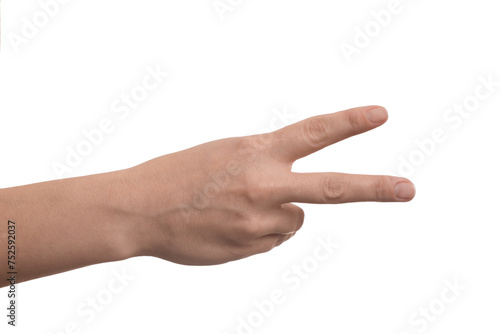 Woman showing v-sign on white background, closeup of hand